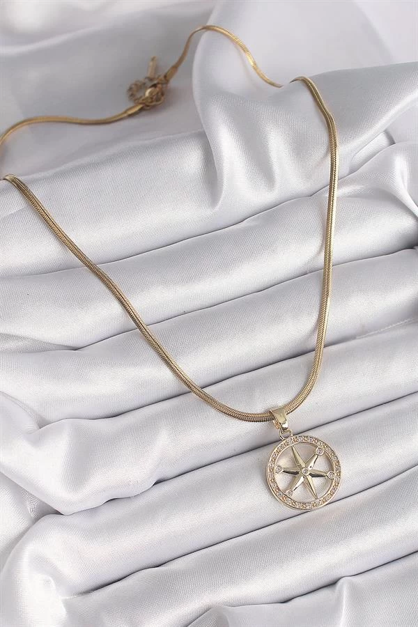 316l Çelik Gold Renk İtalyan Zincir Zirkon Taşlı Kutup Yıldız Model Kadın Kolye