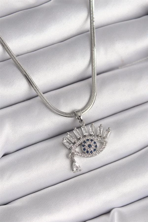 316l Çelik Gümüş Renk İtalyan Zincir Zirkon Taşlı Göz Model Kadın Kolye