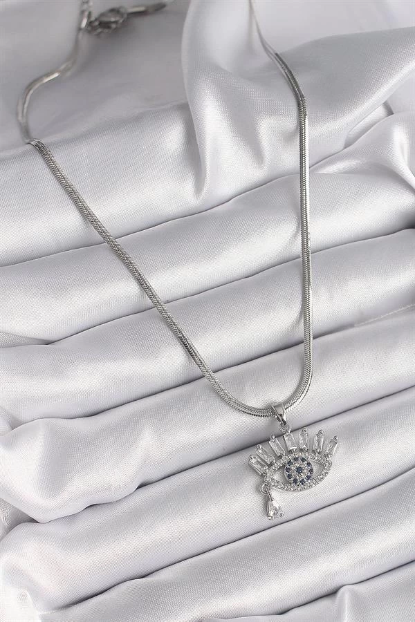 316l Çelik Gümüş Renk İtalyan Zincir Zirkon Taşlı Göz Model Kadın Kolye