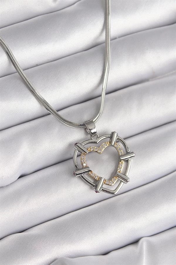 316l Çelik Gümüş Renk İtalyan Zincir Mix Renk Zirkon Taş Detay Kalp Model Kadın Kolye
