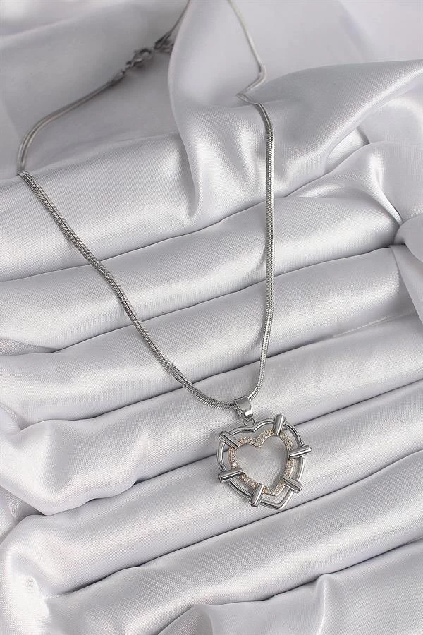 316l Çelik Gümüş Renk İtalyan Zincir Mix Renk Zirkon Taş Detay Kalp Model Kadın Kolye
