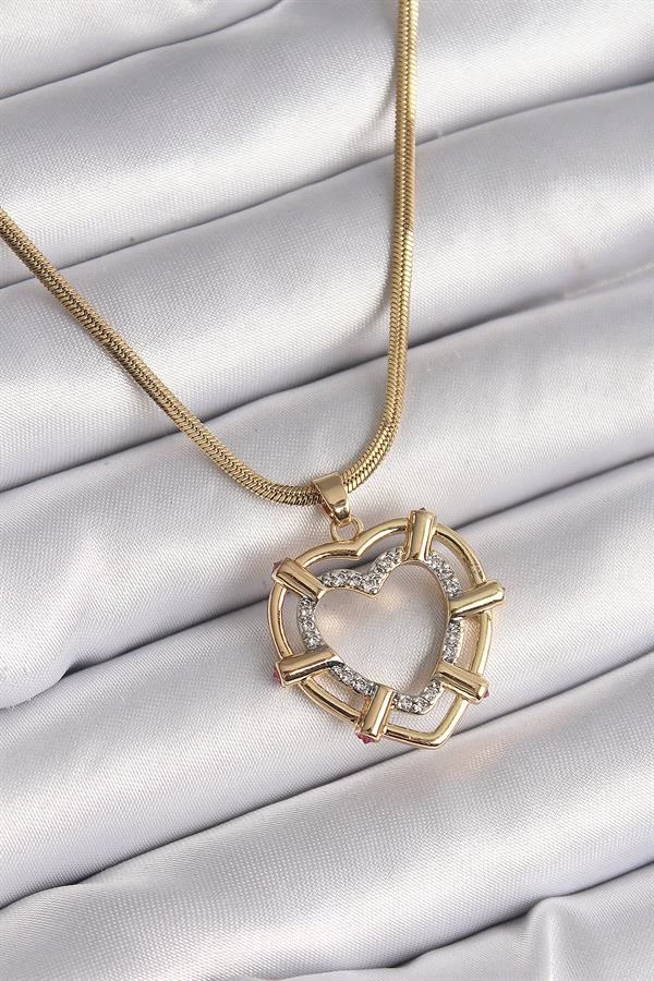 316l Çelik Gold Renk İtalyan Zincir Mix Renk Zirkon Taşlı Kalp Model Kadın Kolye
