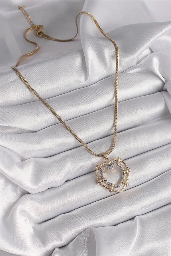 316l Çelik Gold Renk İtalyan Zincir Mix Renk Zirkon Taşlı Kalp Model Kadın Kolye