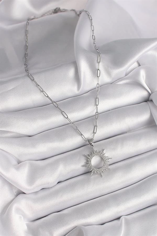 316l Çelik Gümüş Renk Zincir Zirkon Taşlı Güneş Model Kadın Kolye