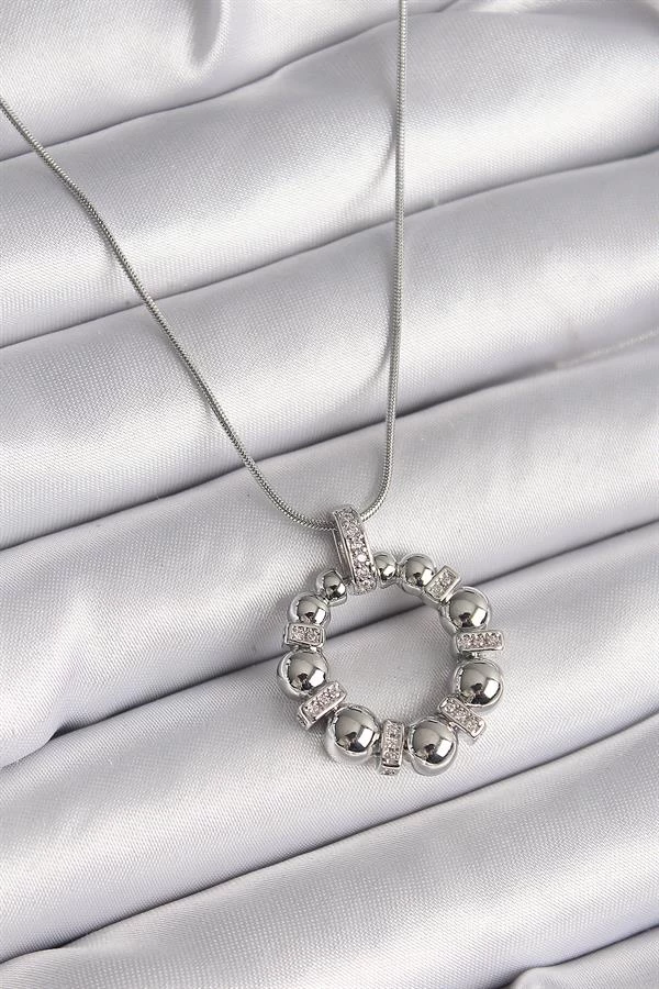 316l Çelik Gümüş Renk Zincir Zirkon Taş Detaylı Bombeli Halka Model Kadın Kolye