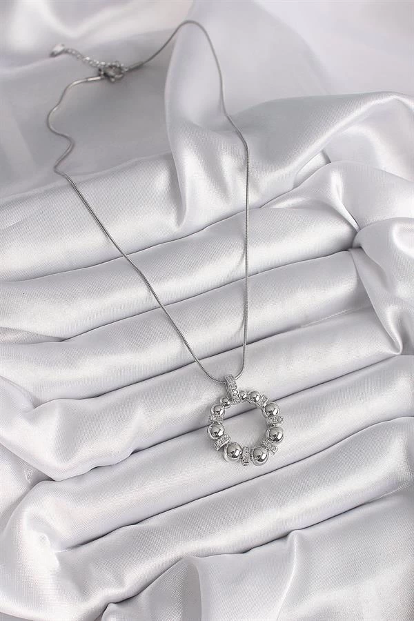 316l Çelik Gümüş Renk Zincir Zirkon Taş Detaylı Bombeli Halka Model Kadın Kolye