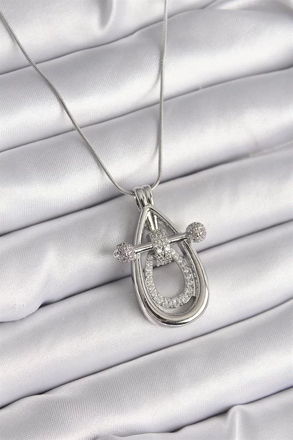 316l Çelik Gümüş Renk Zirkon Taşlı Damla Model Kadın Kolye