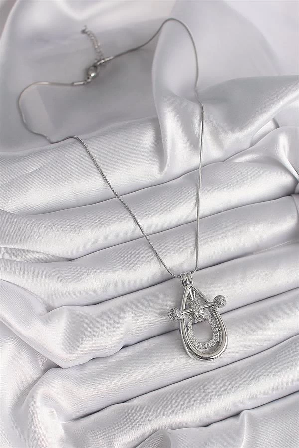 316l Çelik Gümüş Renk Zirkon Taşlı Damla Model Kadın Kolye