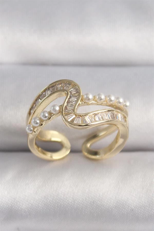 Pirinç Gold Renk Zirkon Taşlı İnci Detay Vip Seri Kadın Yüzük