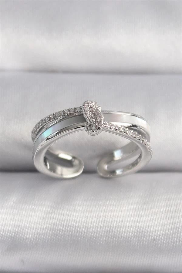 Pirinç Gümüş Renk Zirkon Taşlı Düğüm Model Vip Seri Kadın Yüzük