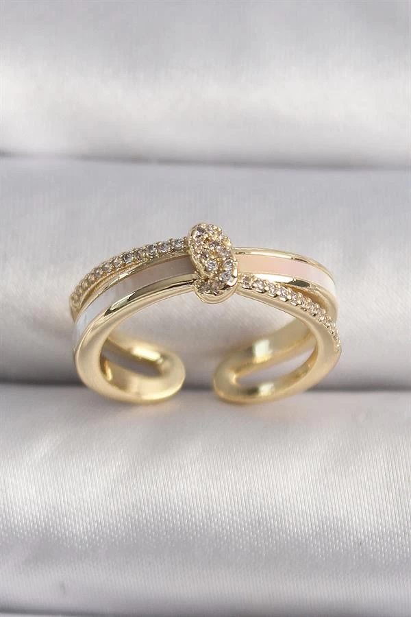 Pirinç Gold Renk Zirkon Taşlı Düğüm Model Vip Seri Kadın Yüzük