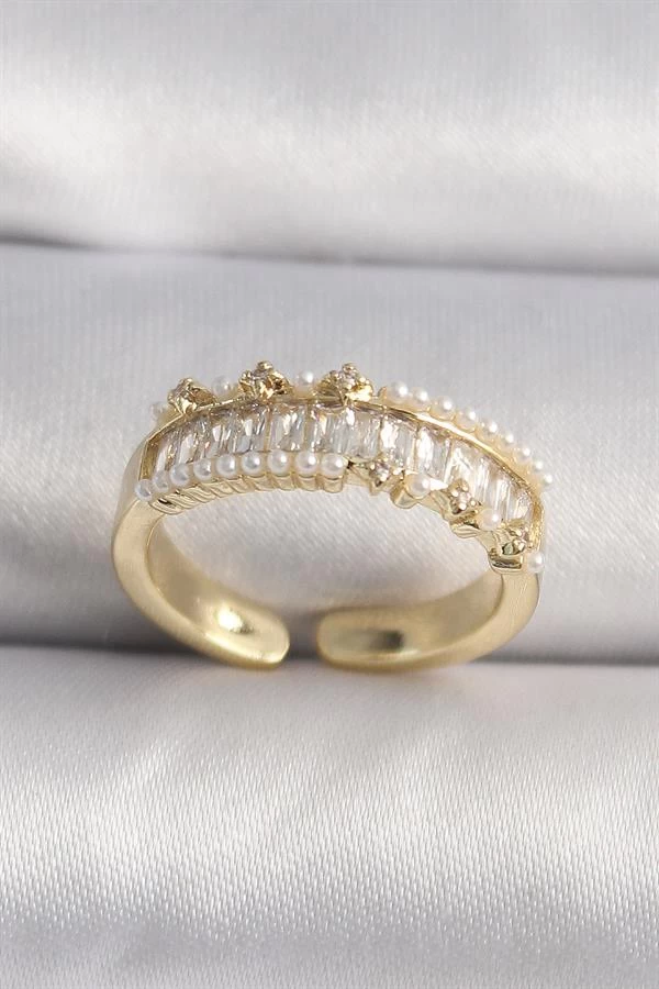 Pirinç Gold Renk Zirkon Taşlı İnci Detay Vip Seri Kadın Yüzük