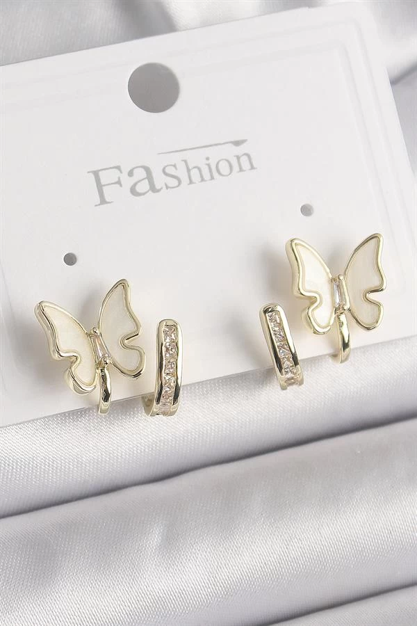 Pirinç Gümüş Renk Zirkon Taş Detaylı Beyaz Sedefli Kelebek Model Kadın Küpe