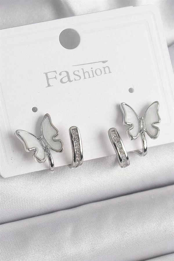 Pirinç Gümüş Renk Zirkon Taş Detaylı Beyaz Sedefli Kelebek Model Kadın Küpe