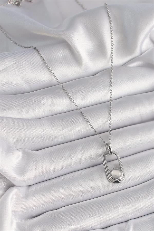 316l Çelik Gümüş Renk Zincir Beyaz Kedi Göz Model Kadın Kolye
