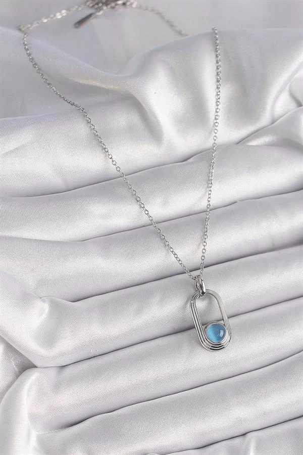 316l Çelik Gümüş Renk Zincir Mavi Kedi Göz Model Kadın Kolye