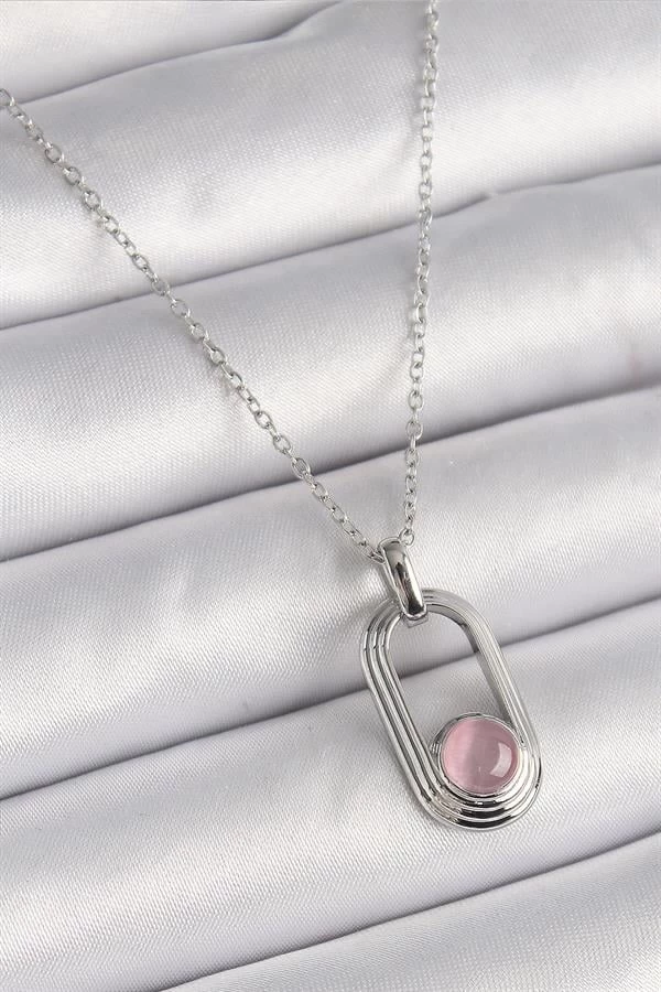 316l Çelik Gümüş Renk Zincir Pembe Kedi Göz Model Kadın Kolye