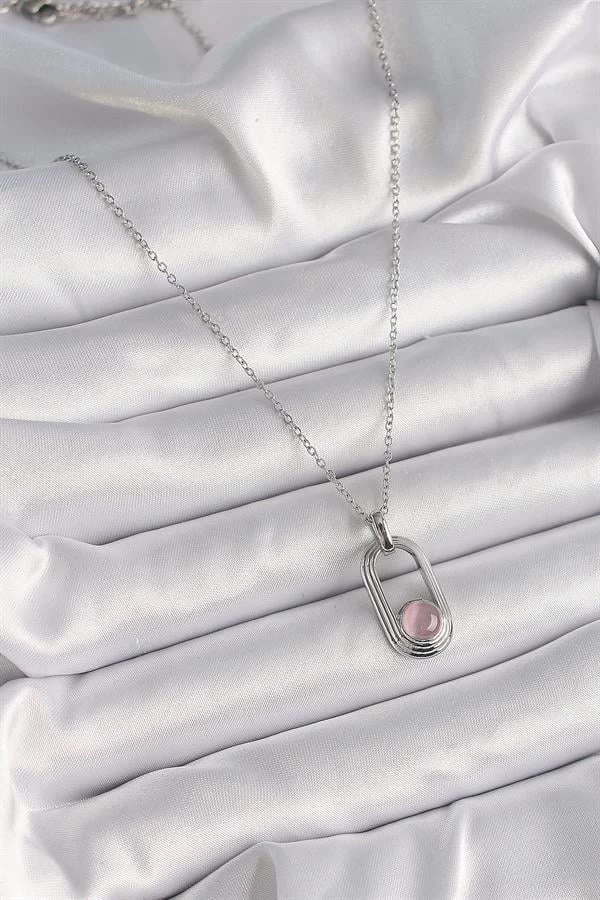 316l Çelik Gümüş Renk Zincir Pembe Kedi Göz Model Kadın Kolye