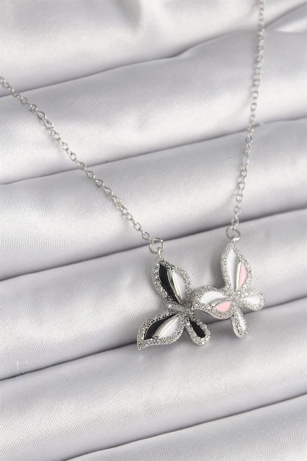 316l Çelik Gümüş Renk Zincir Zirkon Taşlı Renkli Kelebek Model Kadın Kolye