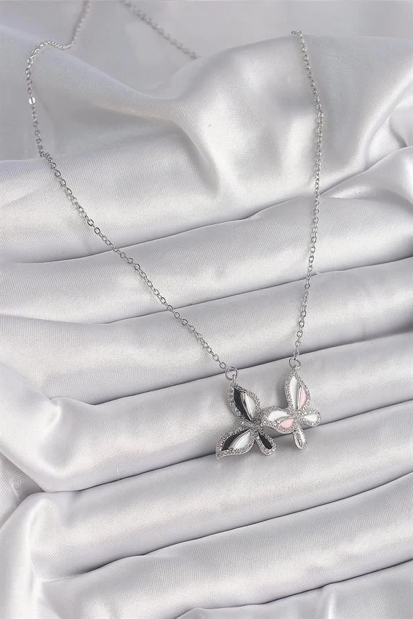 316l Çelik Gümüş Renk Zincir Zirkon Taşlı Renkli Kelebek Model Kadın Kolye