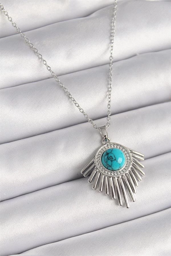 316l Çelik Gümüş Renk Zincir Mavi Boncuklu Zirkon Taşlı Kadın Kolye