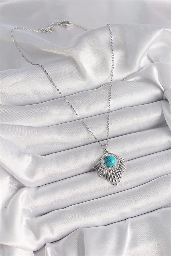 316l Çelik Gümüş Renk Zincir Mavi Boncuklu Zirkon Taşlı Kadın Kolye