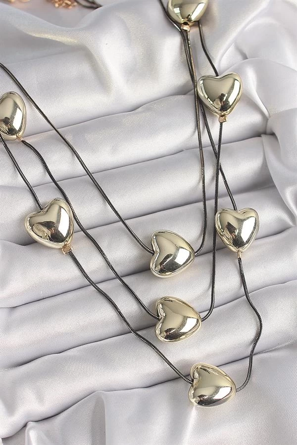 Pirinç Füme Renk Zincir 3d Gold Renk Kalp Model Kadın Kolye