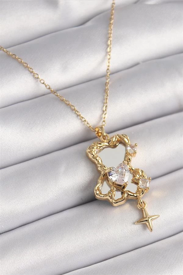 316l Çelik Gold Renk Zincir Ayna Ayıcık Model Zirkon Taşlı Kalp Model Kadın Kolye