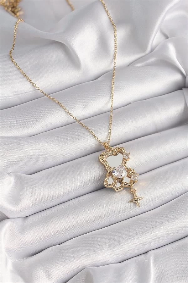 316l Çelik Gold Renk Zincir Ayna Ayıcık Model Zirkon Taşlı Kalp Model Kadın Kolye