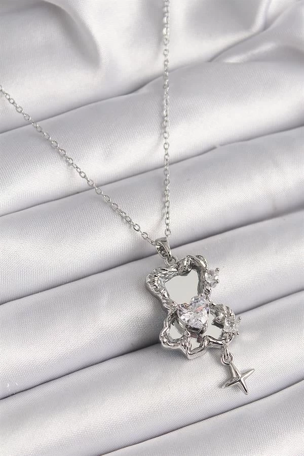 316l Çelik Gümüş Renk Ayna Ayıcık Model Zirkon Taşlı Kalp Detay Kadın Kolye