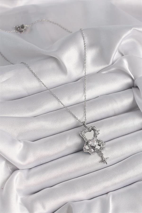 316l Çelik Gümüş Renk Ayna Ayıcık Model Zirkon Taşlı Kalp Detay Kadın Kolye