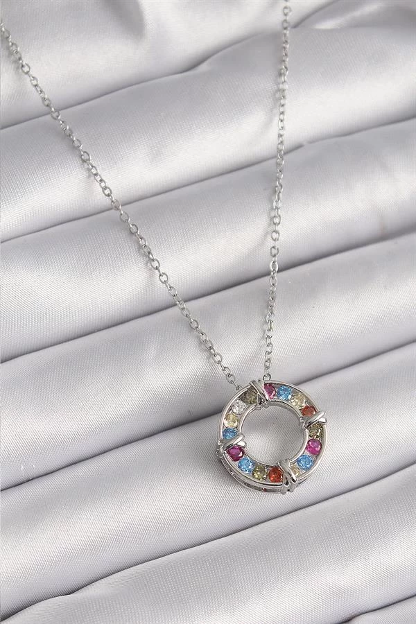 316l Çelik Gümüş Renk Zincir Renkli Zirkon Taşlı Xoxo Model Kadın Kolye