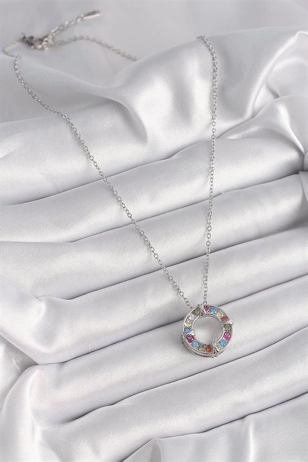 316l Çelik Gümüş Renk Zincir Renkli Zirkon Taşlı Xoxo Model Kadın Kolye