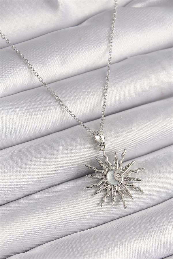 316l Çelik Gümüş Renk Zincir Zirkon Taşlı Yıldız Model Sedefli Ay İşleme Detay Kadın Kolye