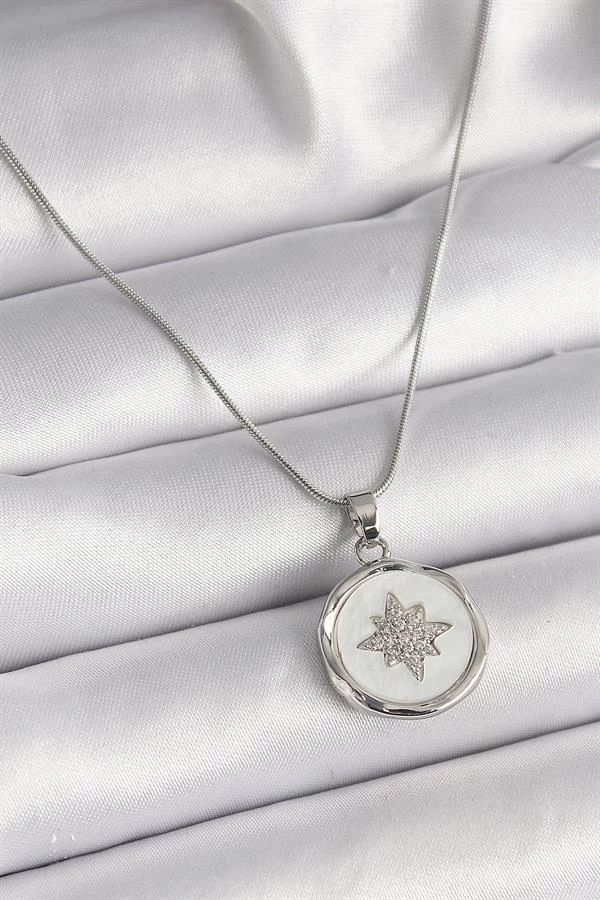 316l Çelik Gümüş Renk Zincir Beyaz Sedefli Zirkon Taşlı Yıldız İşleme Model Kadın Kolye