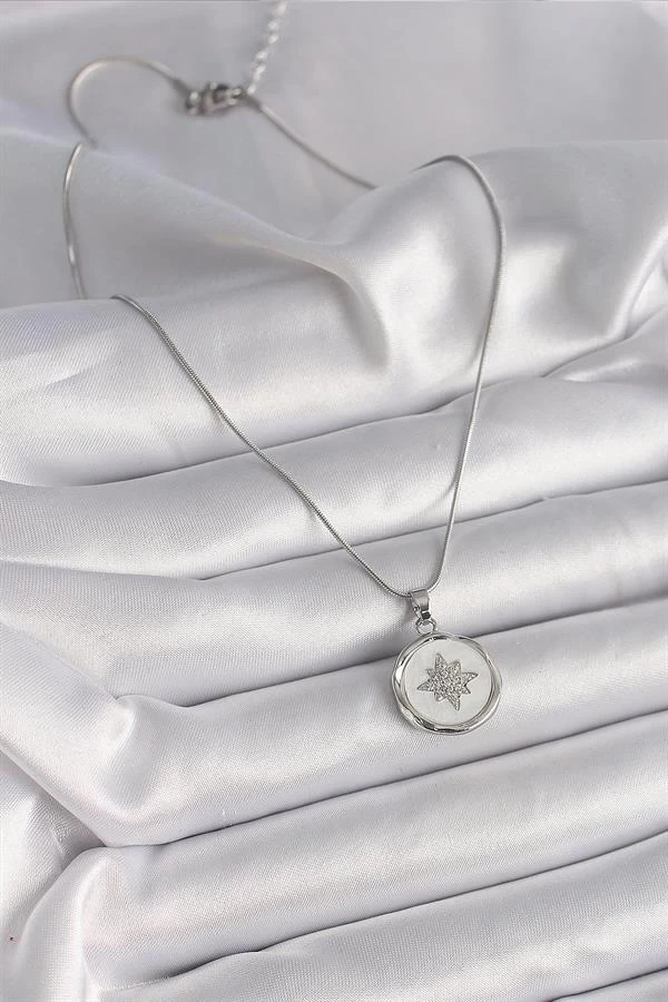 316l Çelik Gümüş Renk Zincir Beyaz Sedefli Zirkon Taşlı Yıldız İşleme Model Kadın Kolye