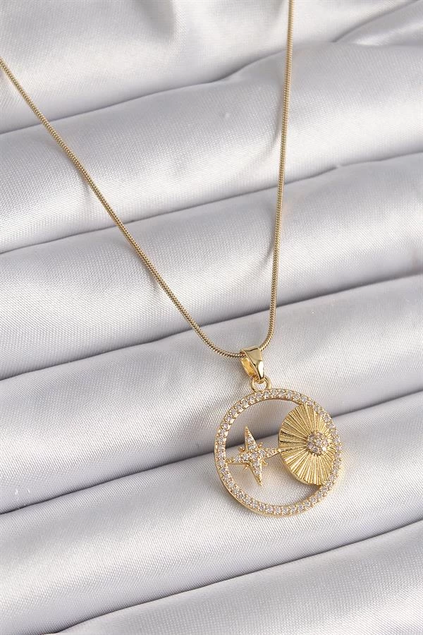 316l Çelik Gold Renk Zincir Zirkon Taşlı Yıldız İşleme Madalyon Model Kadın Kolye