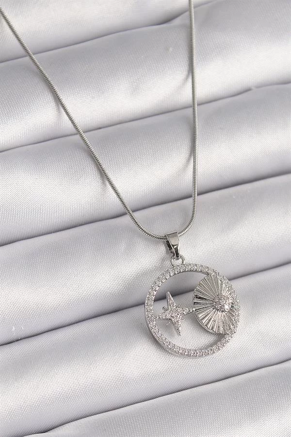 316l Çelik Gümüş Renk Zincir Zirkon Taşlı Yıldız Madalyon Model Kadın Kolye