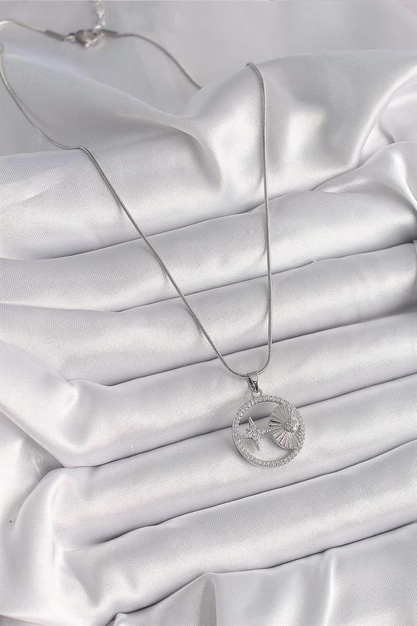 316l Çelik Gümüş Renk Zincir Zirkon Taşlı Yıldız Madalyon Model Kadın Kolye