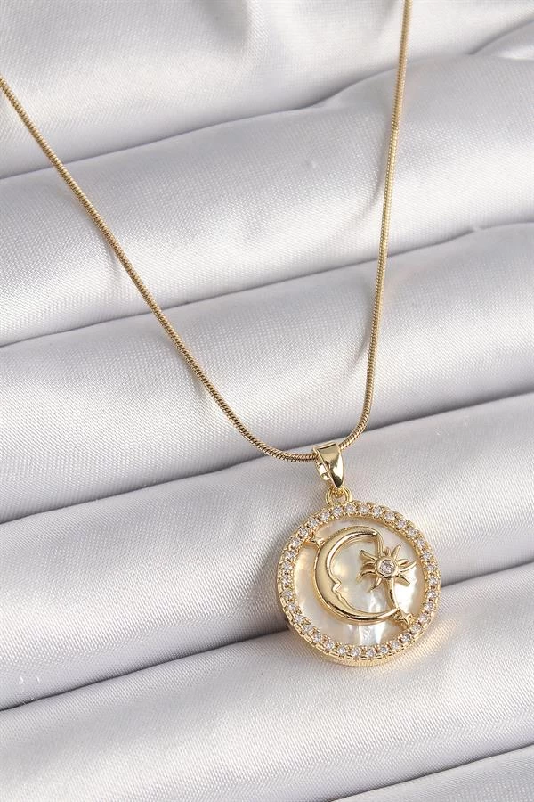 316l Çelik Gold Renk Zincir Zirkon Taş Detaylı Beyaz Sedefli Ay Yıldız Model Kadın Kolye