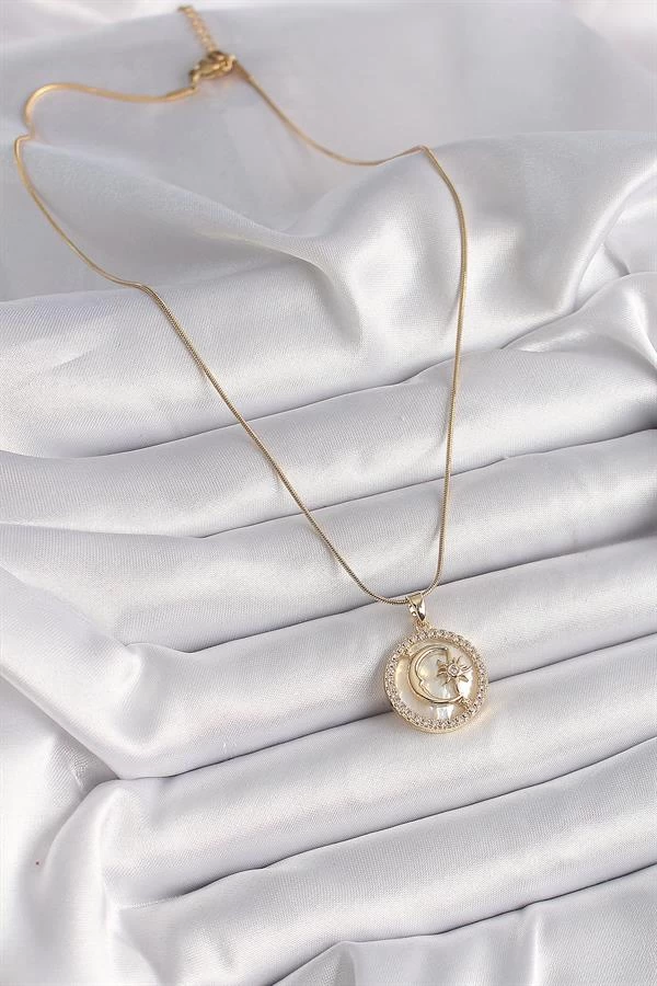 316l Çelik Gold Renk Zincir Zirkon Taş Detaylı Beyaz Sedefli Ay Yıldız Model Kadın Kolye