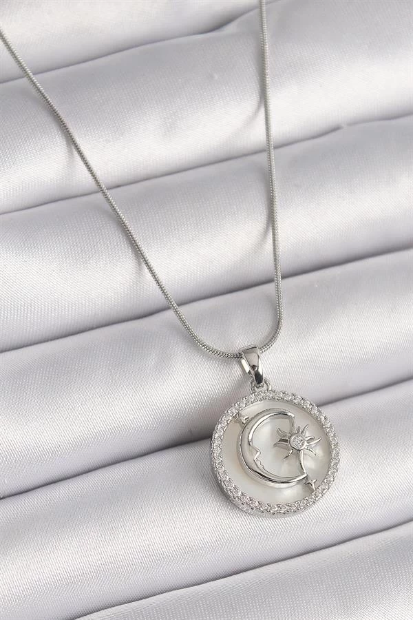 316l Çelik Gümüş Renk Zincir Zirkon Taş Detaylı Beyaz Sedefli Ay Yıldız İşleme Kadın Kolye