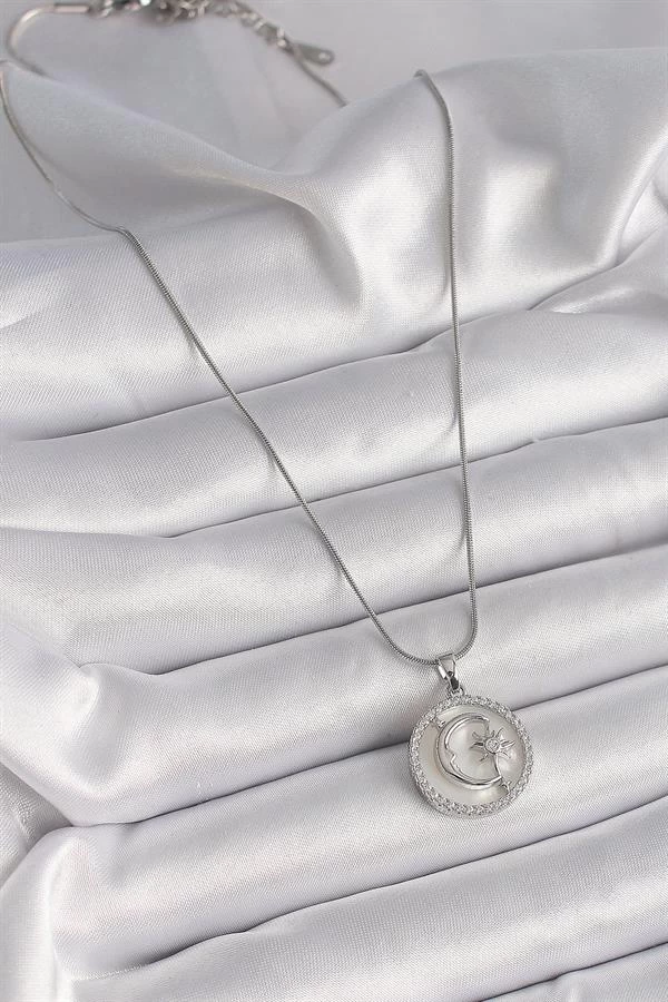316l Çelik Gümüş Renk Zincir Zirkon Taş Detaylı Beyaz Sedefli Ay Yıldız İşleme Kadın Kolye