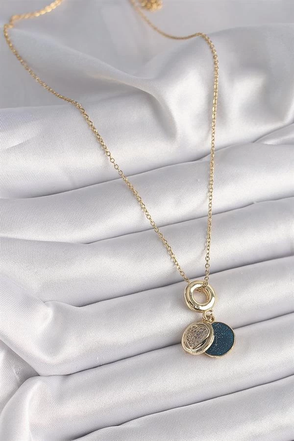 316l Çelik Gold Renk Zincir Zirkon Taşlı Kalp Model Mavi Simli Kadın Kolye