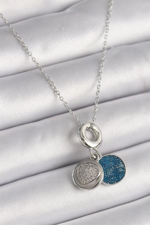 316l Çelik Gümüş Renk Zincir Zirkon Taşlı İşleme Mavi Simli Kadın Kolye