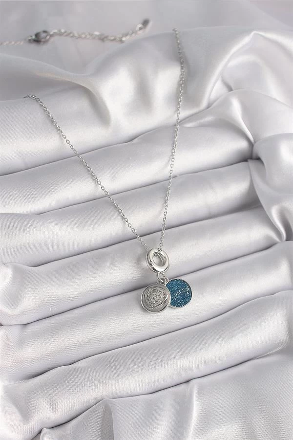 316l Çelik Gümüş Renk Zincir Zirkon Taşlı İşleme Mavi Simli Kadın Kolye