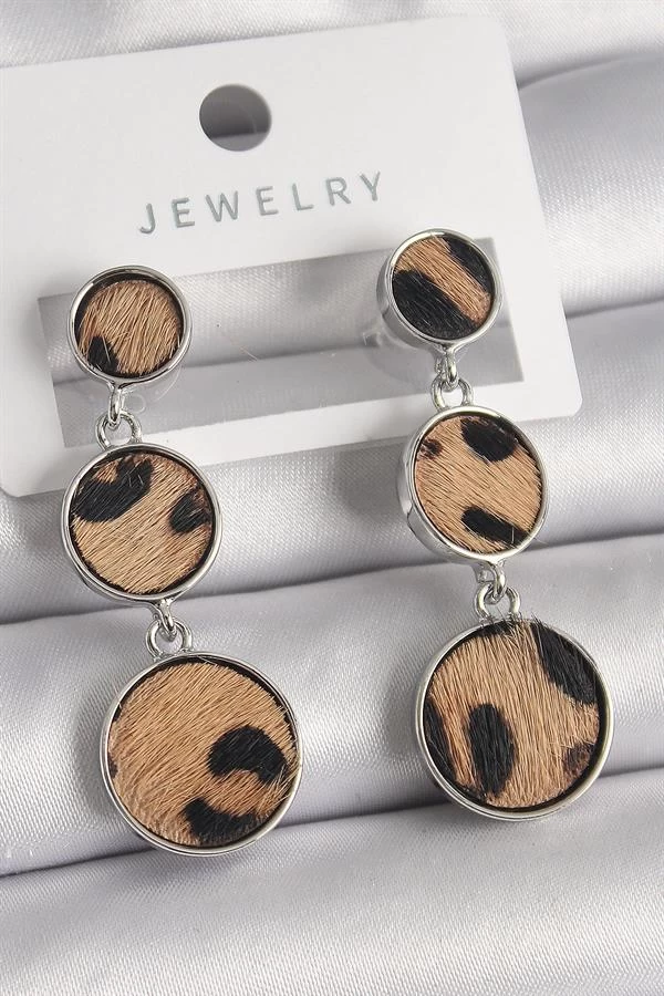 Pirinç Gümüş Renk 3'lü Daire Plaka Leopar Desenli Kadın Küpe