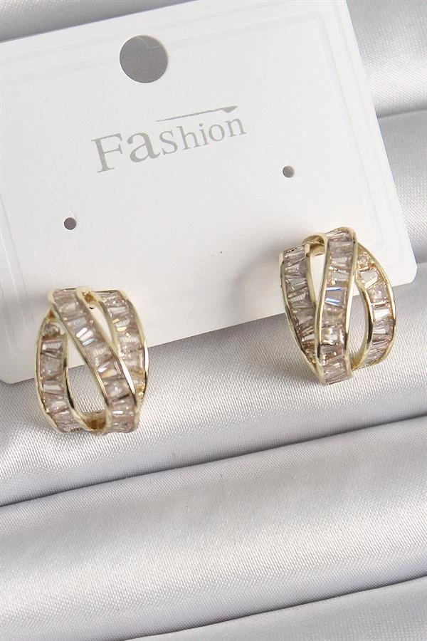 Pirinç Gold Renk Zirkon Taşlı Düğüm Halka Model Kadın Küpe