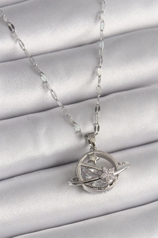 316l Çelik Gümüş Renk Zincir Zirkon Taşlı Yıldız Detay Gezegen Model Kadın Kolye