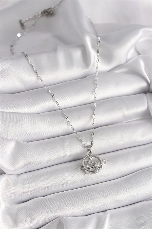 316l Çelik Gümüş Renk Zincir Zirkon Taşlı Yıldız Detay Gezegen Model Kadın Kolye